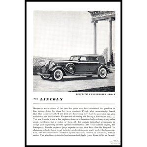 1934 Lincoln Dietrich Convertible Sedan Vintage Print Ad Antique Car Wall Art